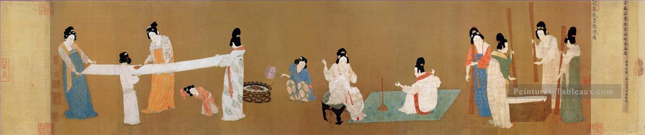 dames de Cour préparant nouvellement tissé soie ancienne Chine à l’encre Peintures à l'huile